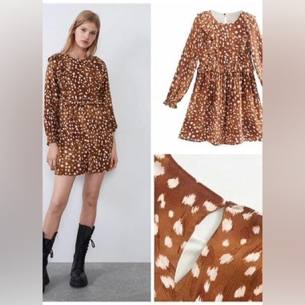 Zara brown and white animal print mini dress small